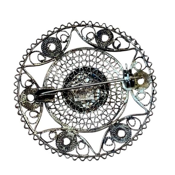 Vtg Sterling Silver Turquoise Filigree Round Shape Pin Brooch 1 5/8” - Picture 3 of 5